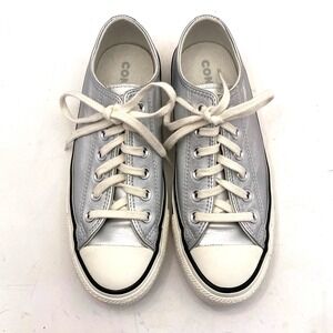 Converse All Star Womens 6.5 Leather Silver Metallic Low Sneakers‎ Shoes EUC